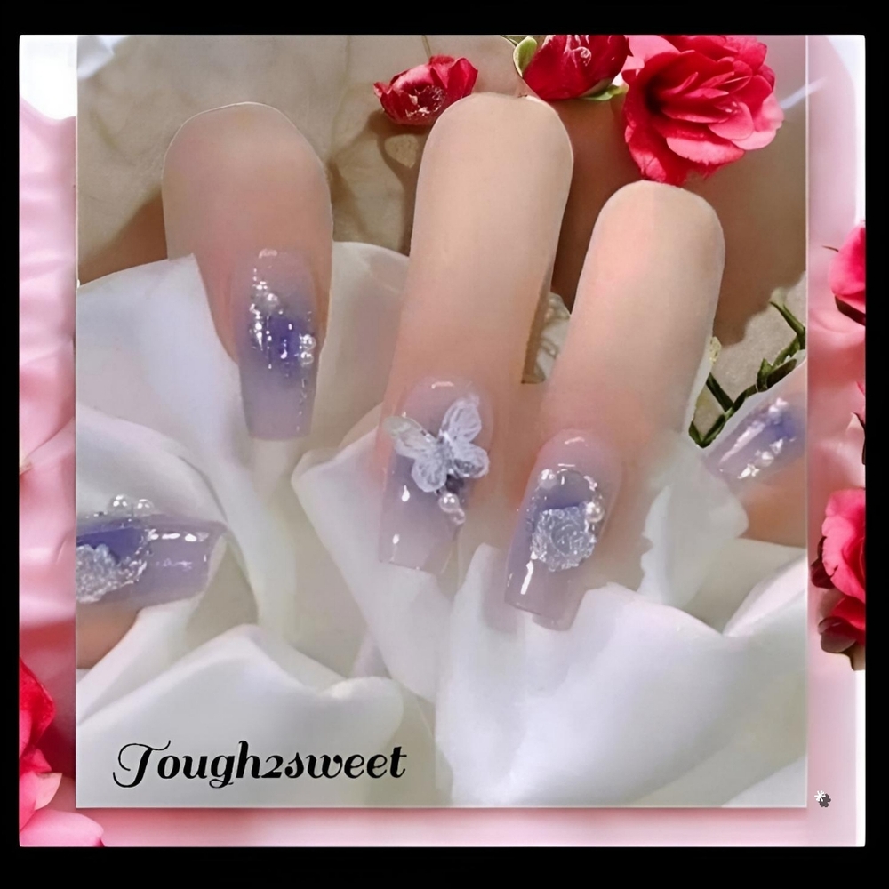 🆕️$6 OR 2 FOR $10~BLUE AURORA BUTTERFLY 24 DESIGNER PRESS~ON NAILS